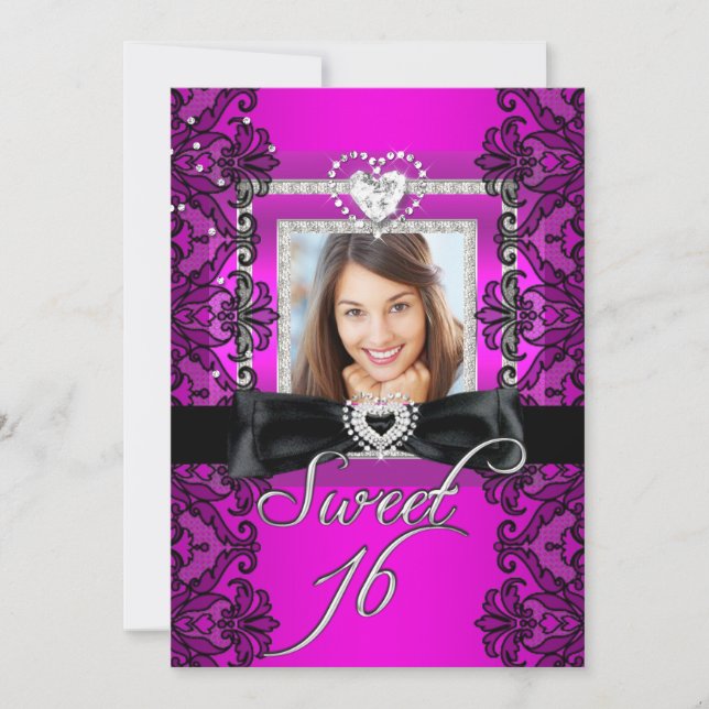 Invitation Douce 16 Douce Seize Rose Noir Dentelle Photo (Devant)