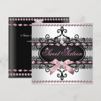 Invitation Douce 16 Douze ans Blanc Rose Noir Dentelle Perle