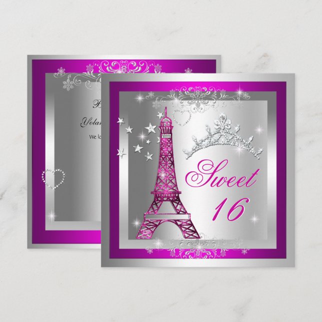 Invitation Douce 16 Douze Ans Couronne Rose Tour Eiffel (Devant / Derrière)
