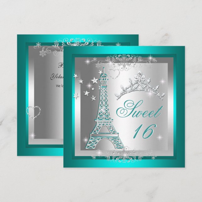 Invitation Douce 16 Douze Ans Turquoise Diadème Tour Eiffel (Devant / Derrière)