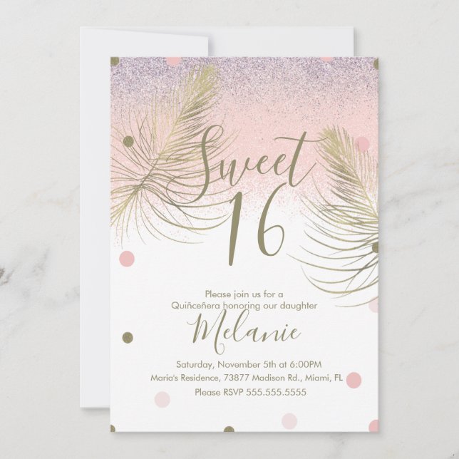 Invitation Douce 16 Faux Paillettes Dorées Rose  (Devant)
