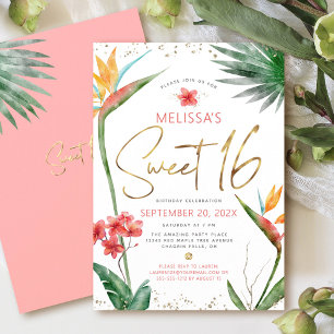 Invitation Douce 16 Fleur tropicale Aquarelle Or Script