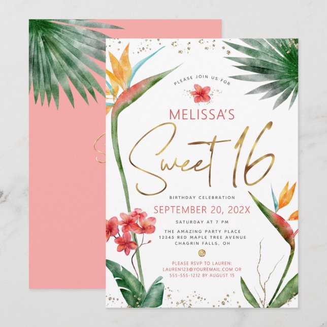 Invitation Douce 16 Fleur tropicale Aquarelle Or Script (Devant / Derrière)
