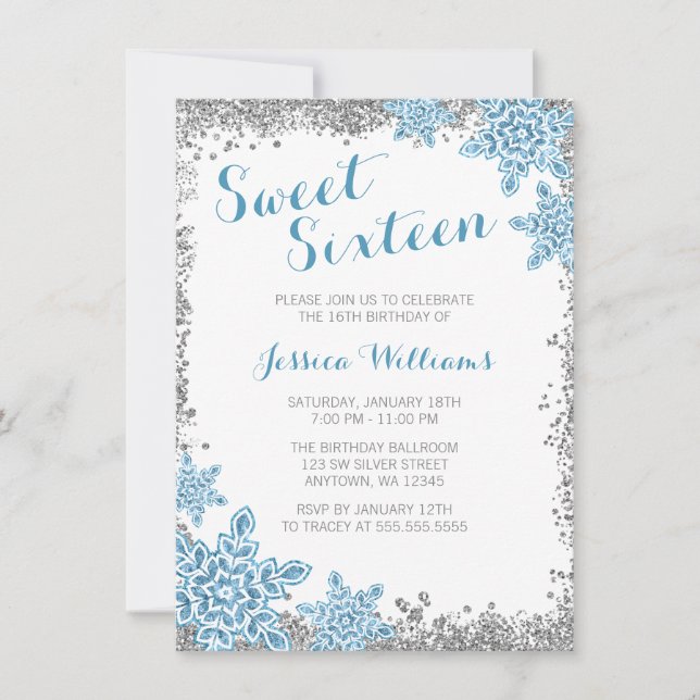 Invitation Douce 16 Glam Hiver Merveilleux Argent Bleu (Devant)