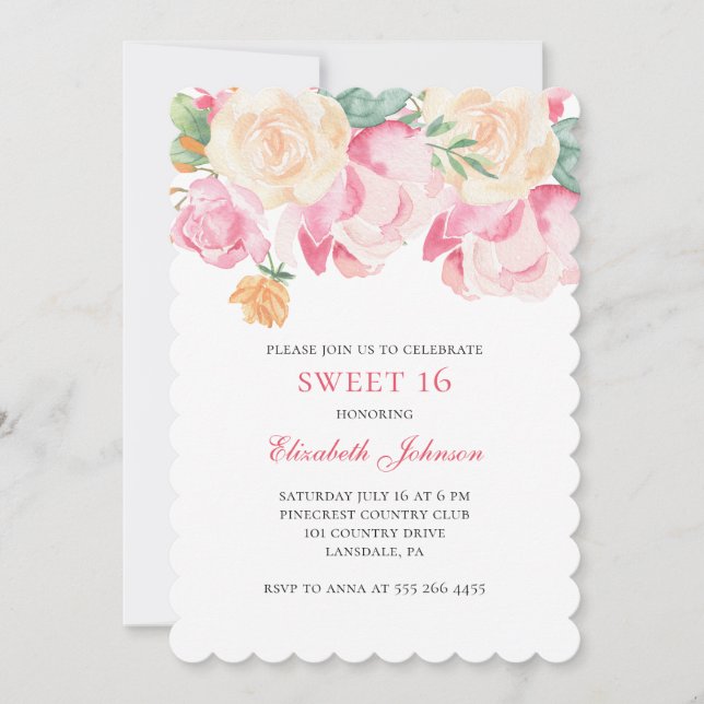 Invitation Douce 16 invitation. Fleurs roses 16e anniversaire (Devant)