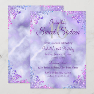 Invitation Douce 16 Lilas Violet Perle Argent Damassé