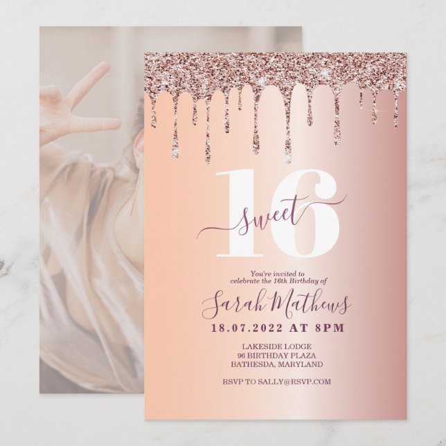 Invitation Douce 16 Paillettes Rose Gold Anniversaire   (Devant / Derrière)