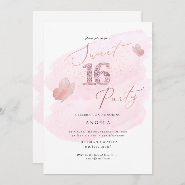 Invitation Douce 16 Papillons Diamant Rose Aquarelle (Devant / Derrière)