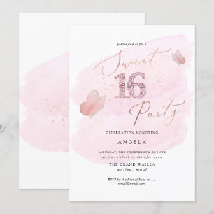 Invitation Douce 16 Papillons Diamant Rose Aquarelle