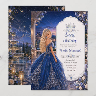Invitation Douce 16 Princesse Jardin Bleu Minuit