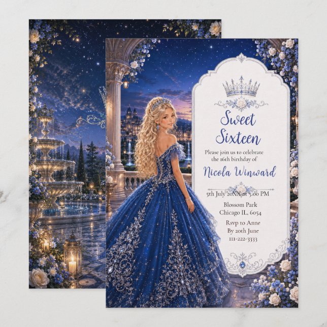 Invitation Douce 16 Princesse Jardin Bleu Minuit (Devant / Derrière)