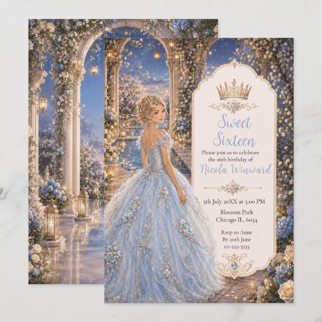 Invitation Douce 16 Princesse Jardin Bleu Poudre (Devant / Derrière)