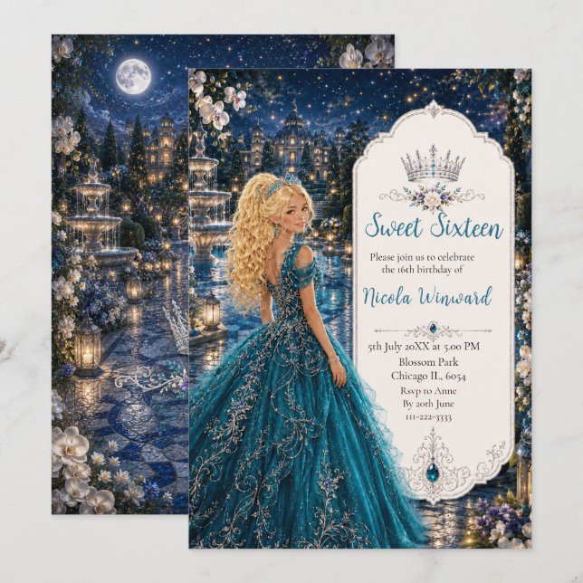 Invitation Douce 16 Princesse Jardin Bleu Turquoise (Devant / Derrière)