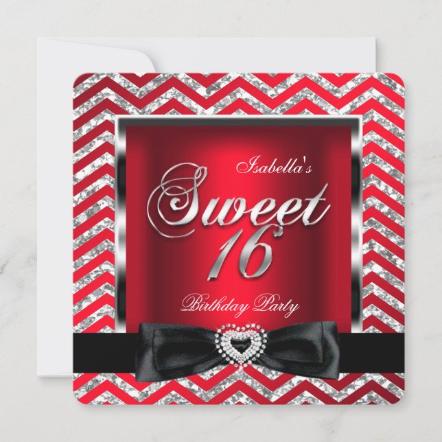 Invitation Douce 16 Royale Rouge Chevron Rayure Argent Noir (Devant)