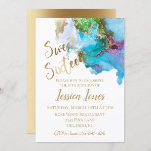 Invitation Douce 16 Seize Anniversaire de fête d'or Aquarelle