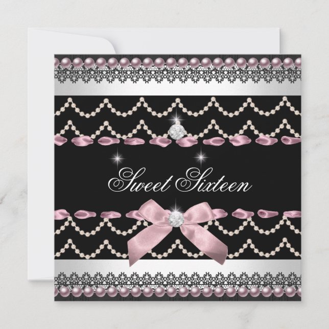 Invitation Douce 16 Seize Ans Blanc Rose Noir (Devant)