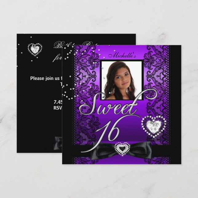 Invitation Douce 16 Seize Ans Violet Lace Noire Photo (Devant / Derrière)