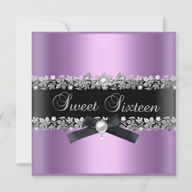 Invitation Douce 16 Seize Lilas Rose Noir Argent Floral (Devant)