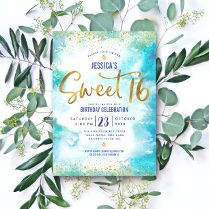 Invitation Douce 16 Turquoise Aquarelle Or Anniversaire Fémin