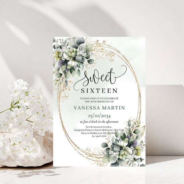 Invitation douce 16 verte or Botanique d'Eucalyptu (Eucalyptus Botanical Sweet 16 Green Gold Invite)