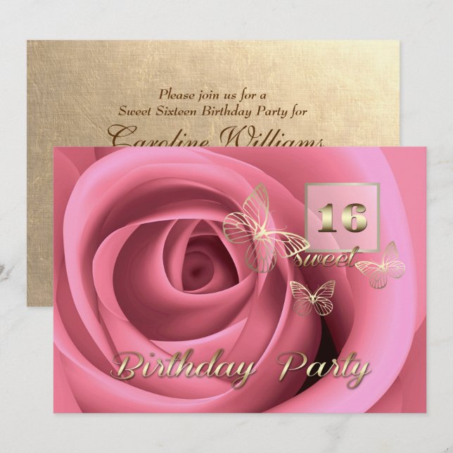 Invitation Douce 16e fête d'anniversaire rose (Devant / Derrière)