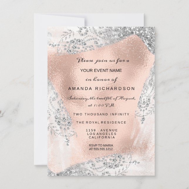 Invitation Douce 16e robe de diamant nuptiale gris Rose d'arg (Devant)