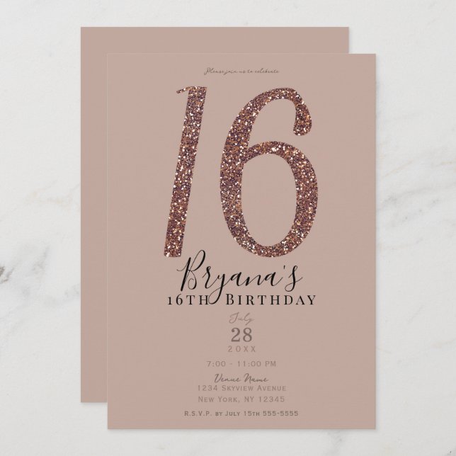 Invitation Douce 16ème 16 Parties scintillant Rose rose rose  (Devant / Derrière)
