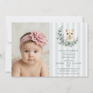 Invitation Douce Alpaca Bohème Anniversaire Bleu Eucalyptus