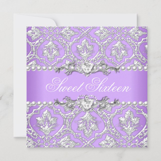 Invitation Douce Anniversaire 16 ans Fête Damassé Lilas (Devant)
