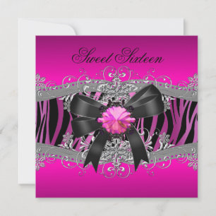 Invitation Douce Anniversaire 16 ans Fête Zèbre Rose Noir
