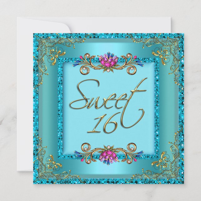 Invitation Douce Anniversaire 16 ans Fleur Bleu Sarcelle Or (Devant)