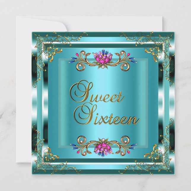 Invitation Douce Anniversaire 16 Ans Fleurie Bleu Sarcelle Or (Devant)