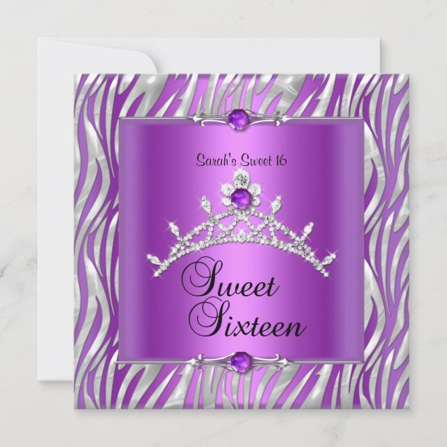 Invitation Douce Anniversaire 16 ans Zèbre Violet Argent (Devant)