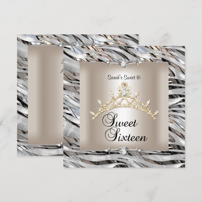 Invitation Douce Anniversaire 16 Zèbre Argent Noir Or (Devant / Derrière)