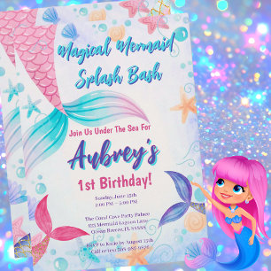 Invitation Douce Anniversaire Sirène Rose Violet Sarcelle Aqu