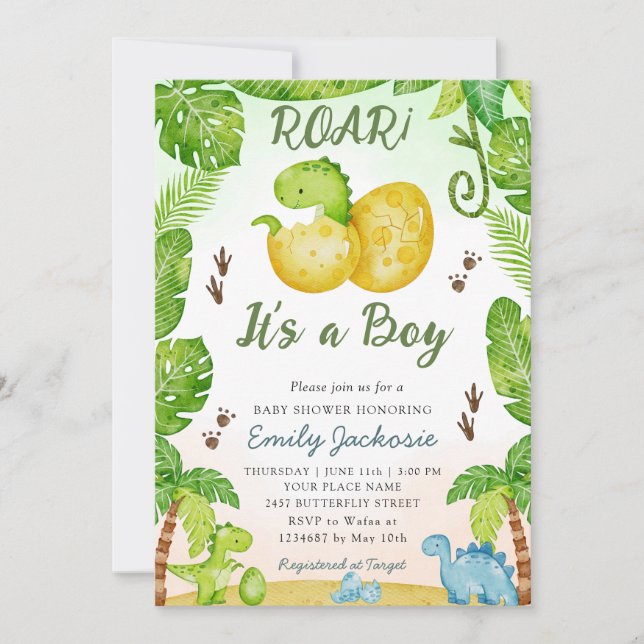 Invitation Douce aquarelle de dinosaure Verdure Garçon Baby s (Devant)