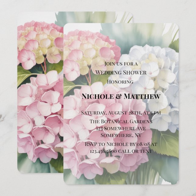 Invitation Douce Aquarelle Fête de Mariage aux Hortensias Élé (Devant / Derrière)
