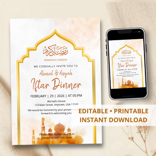 Invitation douce aquarelle Iftar Mosquée islamique (Créateur téléchargé)
