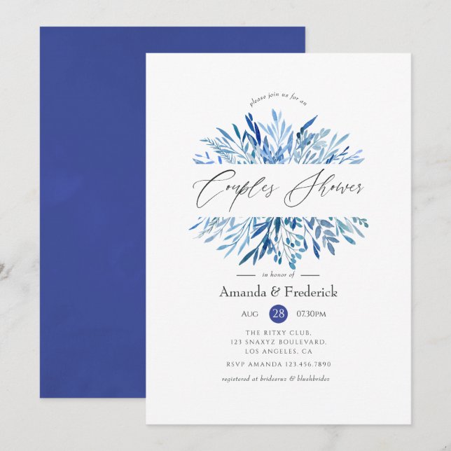 Invitation Douce Aquarelle Indigo Feuilles Fête Prénatale de  (Devant / Derrière)