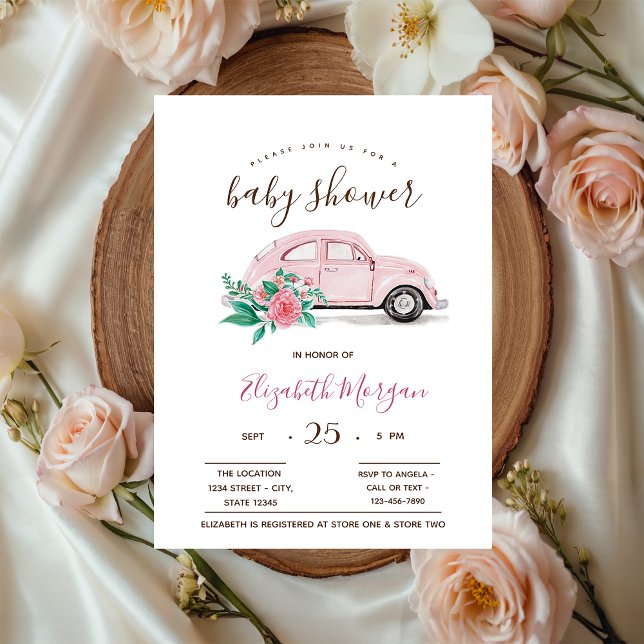 Invitation Douce Aquarelle Rose Fleur Voiture Points Bébé Sho (Créateur téléchargé)