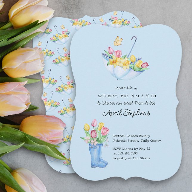 Invitation Douce averse de fleurs printanières pour future ma (Spring Flowers Blue Baby Shower Invitation)