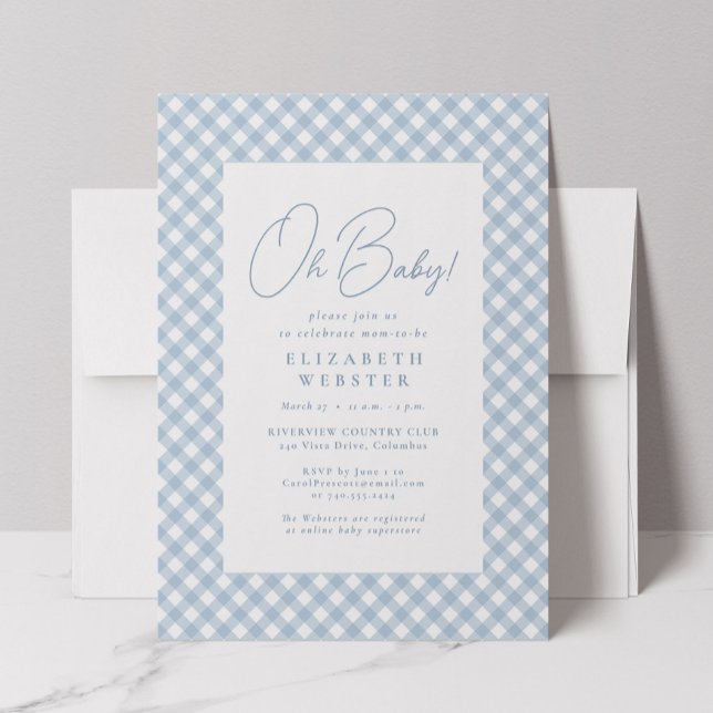 Invitation Douce baby shower à carreaux bleus simple (Créateur téléchargé)