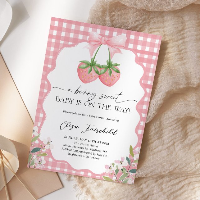 Invitation Douce Baby Shower à Carreaux de Fraises (Créateur téléchargé)