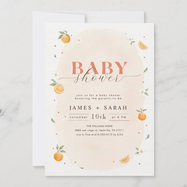 Invitation Douce Baby Shower à l'aquarelle Citrus Orange (Devant)