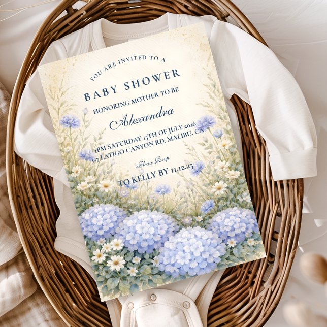 Invitation Douce Baby Shower au Jardin avec Hydrangeas Bleu P (Créateur téléchargé)