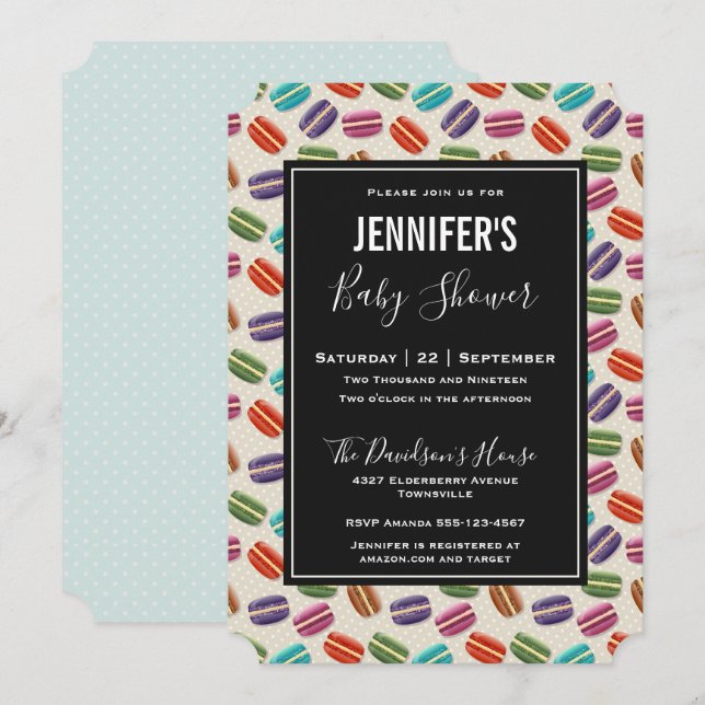 Invitation Douce Baby Shower aux Macarons Colorés (Devant / Derrière)