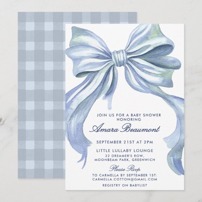 Invitation Douce Baby Shower avec un Nœud Bleu et Gingham (Devant / Derrière)