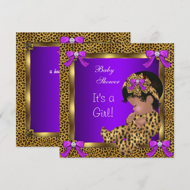Invitation Douce Baby Shower Bébé Fille Léopard Violet Or 2 (Devant / Derrière)