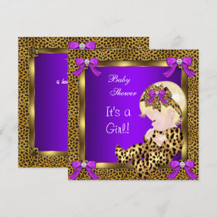 Invitation Douce Baby Shower Bébé Fille Léopard Violet Or 3