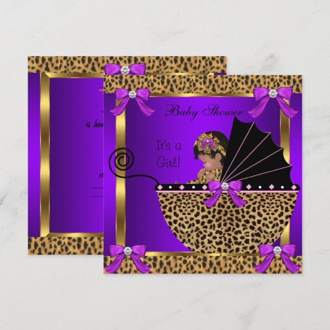 Invitation Douce Baby Shower Bébé Fille Léopard Violet Rose (Devant / Derrière)